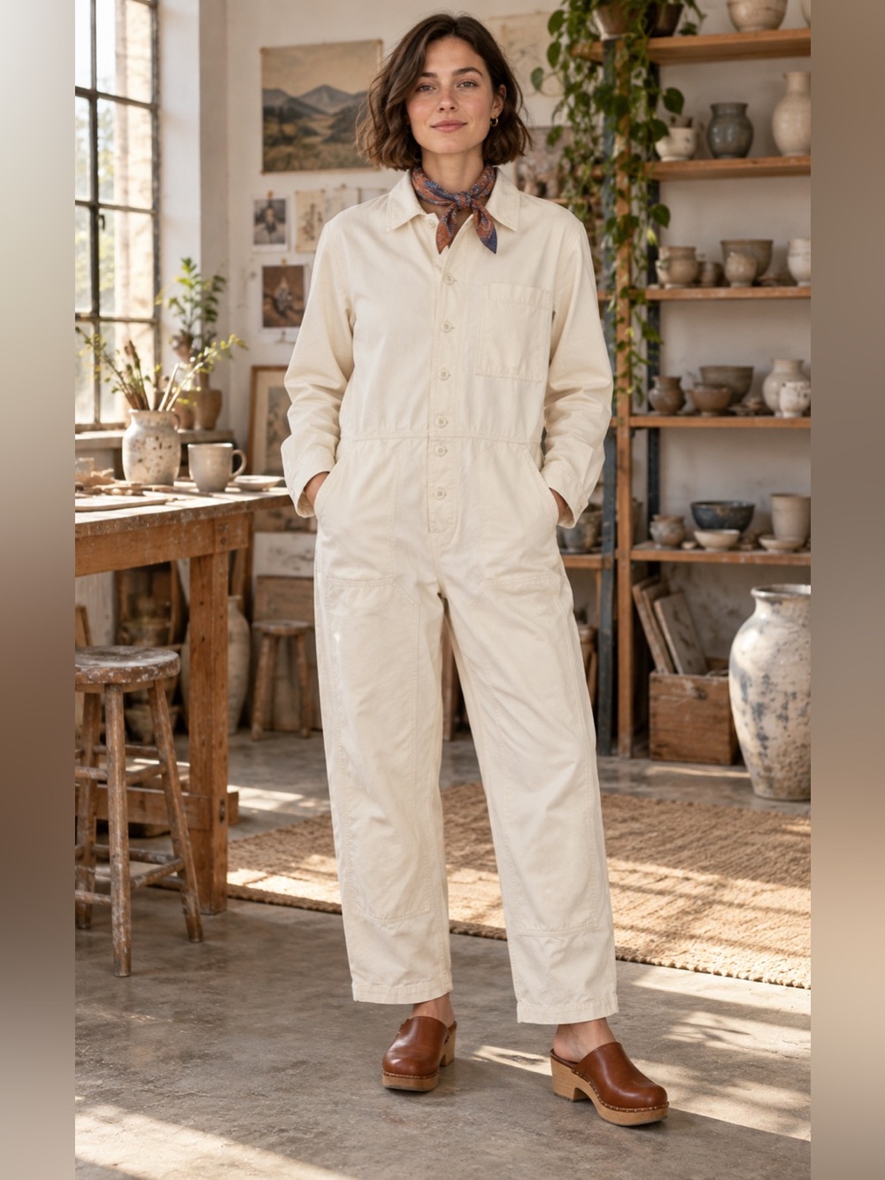 NWT Universal Thread Cream Utility Jumpsuit Long Sleeve Boilersuit Size 8